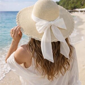 Wide Brim Straw Sun Hat Cream Woven Floppy Hat w/ White Ribbon Bow Beach Summer😍